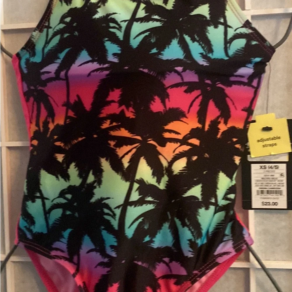Girls' Rainbow Palm-Print One-Piece Swimsuit with Adjustable Straps
